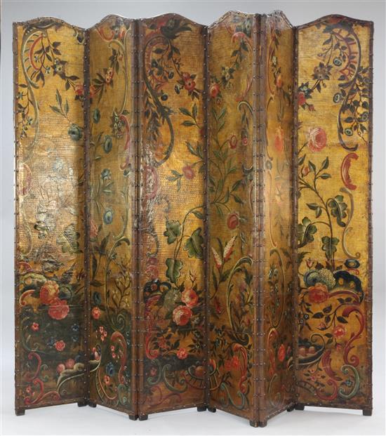 A 19th century Spanish painted leather six-fold leather screen, H. 6ft 4.5in.